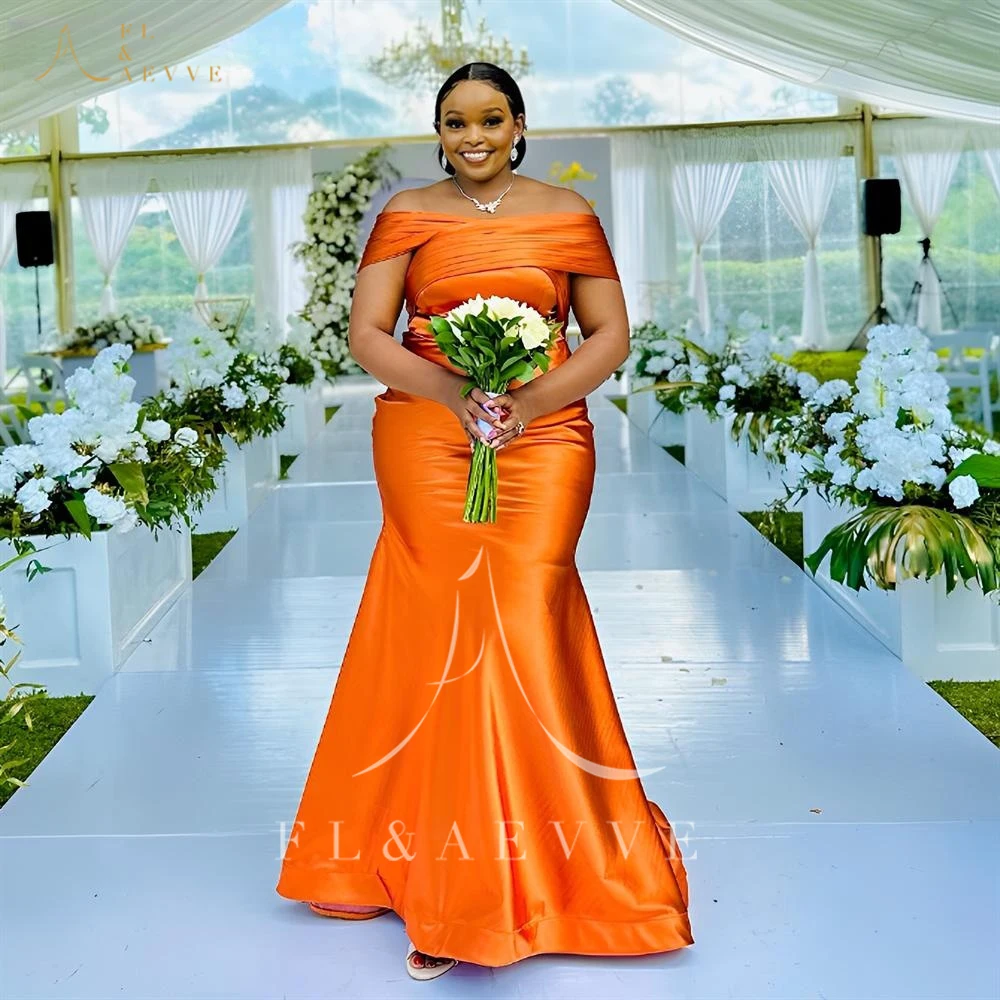 

FL&AEVVE Orange Satin Off-the-Shoulder Bridesmaid Dress Mermaid Style Formal Evening Gown Customizable Wedding Party Attire