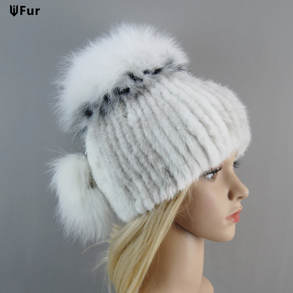 Luxury Women Winter Fur Hat Natural Fur Knitted Mink Fox Pom Fur Hats With Balls Stylish Warm Fashion Girls Beanies