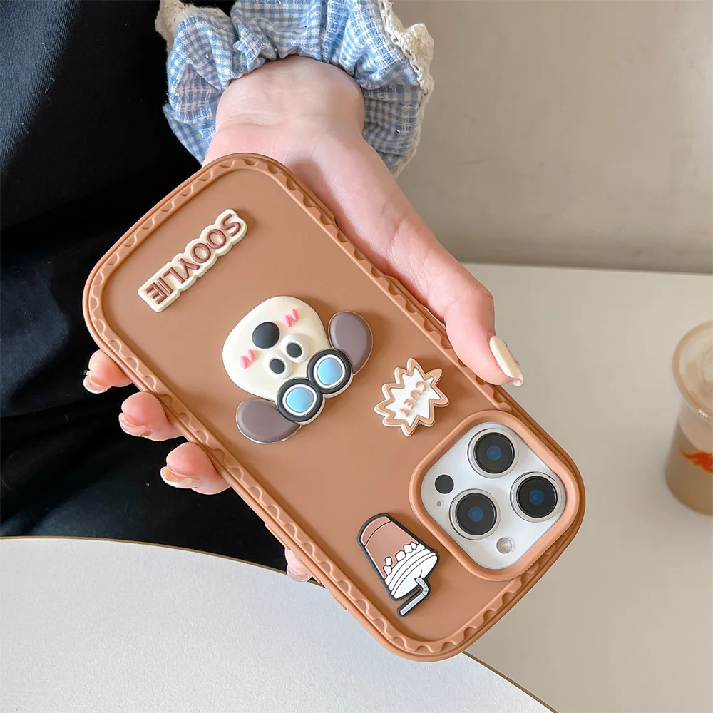 آيفون 16 15 14 13 12 برو ماكس زائد الغبار شحن ميناء قضية الهاتف الخليوي ثلاثية الأبعاد براون الكلب القهوة البصمة الغطاء الواقي