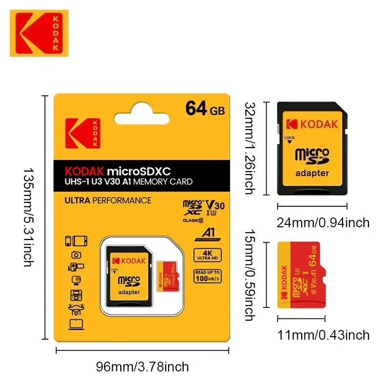 Kodak Micro SD การ์ดหน่วยความจำ64GB 128GB แฟลชการ์ดหน่วยความจำ32GB 256GB 512GB C10 TF SDXC U3 V30 4K การ์ดเก็บข้อมูล microSD พร้อมอะแดปเตอร์สำหรับพีซี