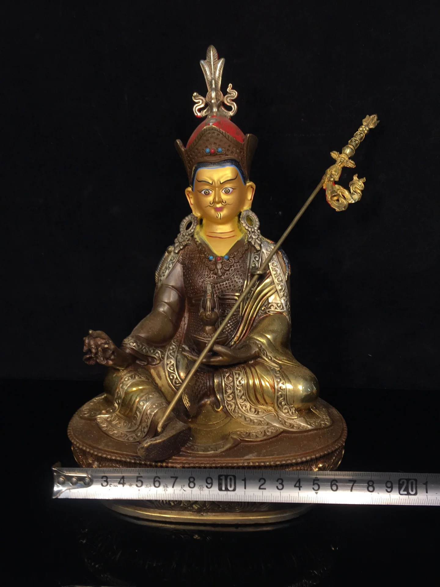 28X16.5CM Bronze STATUE Exquisite copper painted face inlaid turquoise coral, gold rubbed silver Padmasambhava Guru Rinpoche