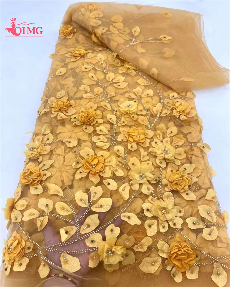 

OIMG Yellow 3D Beads Lace Fabric 2024 High Quality Mesh Embroidery Applique 3D Flower Tulle Nigerian Lace Fabrics For Brida