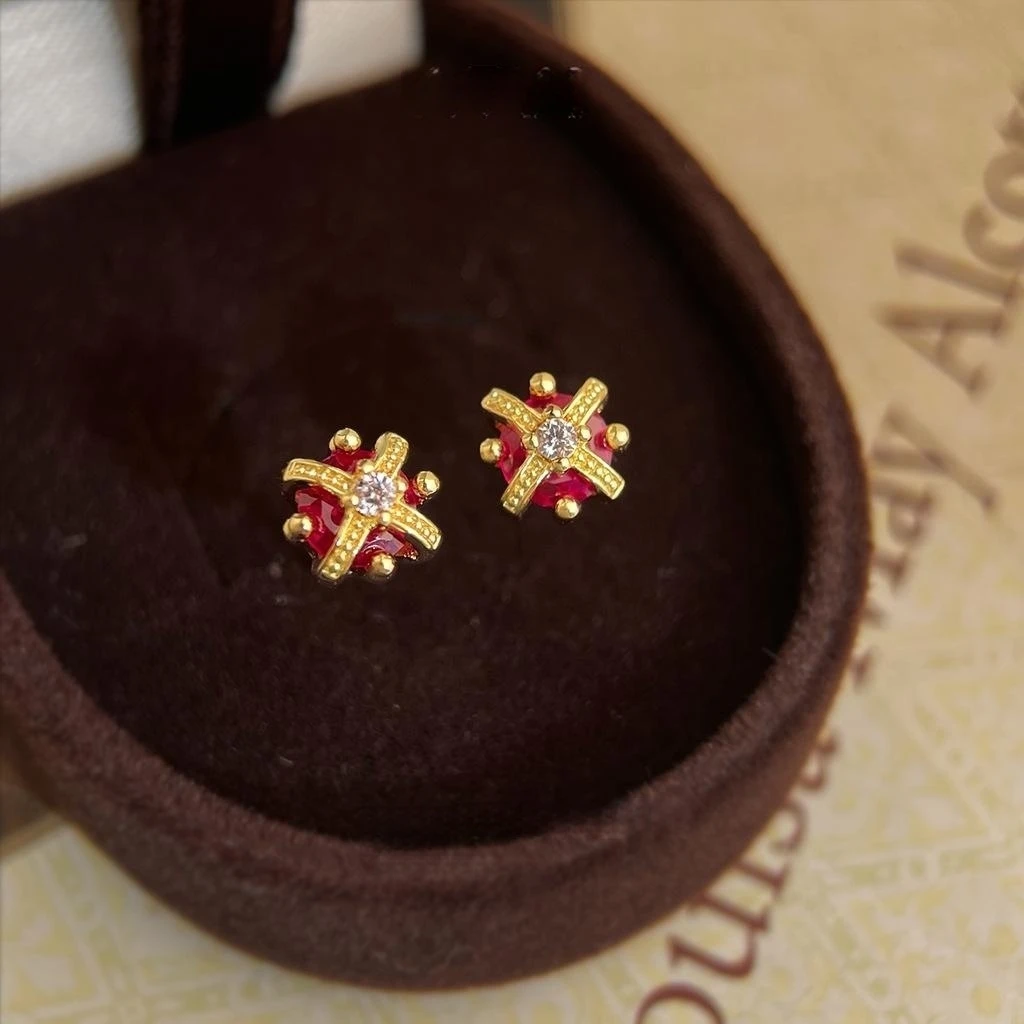 14K Gold Plated Vintage Cross Stud Earrings Inlaid Ruby Red & Clear Cubic Zirconia Dainty Retro Earrings Elegant Women Jewelry