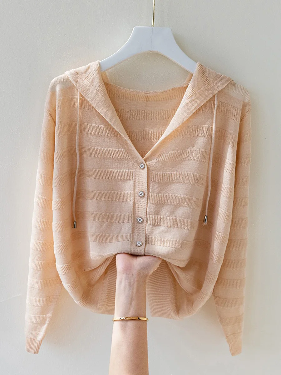 

Ice Silk Knitted Cardigan for Women, Hooded with Sun Protection Shawl Top, Air-conditioned Shirt, Thin Jacket for Women