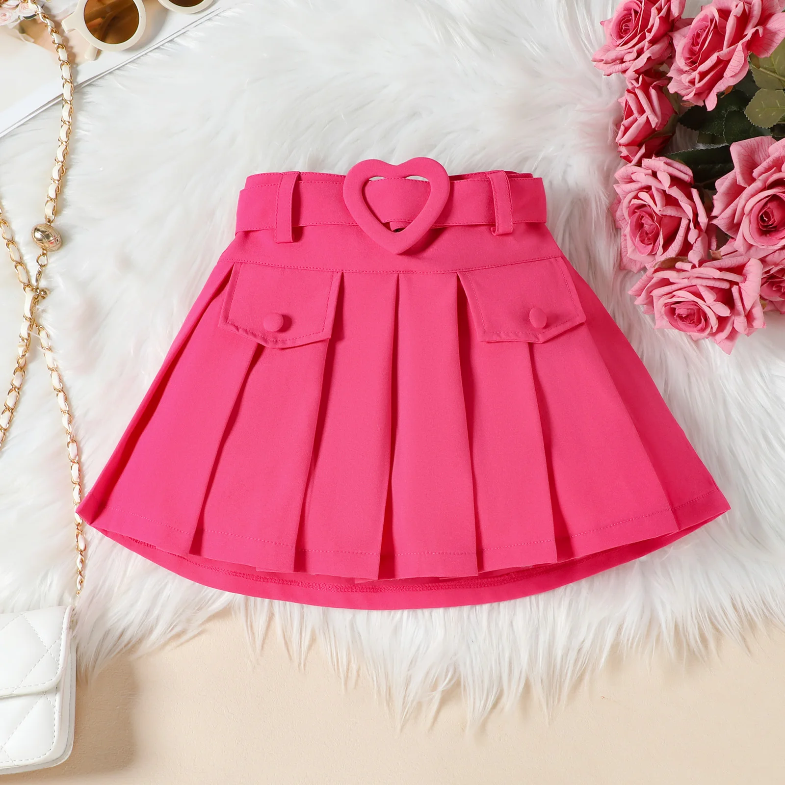 1-6Y طفل صغير الفتيات وتتسابق الصلبة الانحناء زر حتى الخامس الرقبة بلوزات بلا اكمام البسيطة مطوي تنورة حزام 3 قطعة مجموعات الأطفال #4