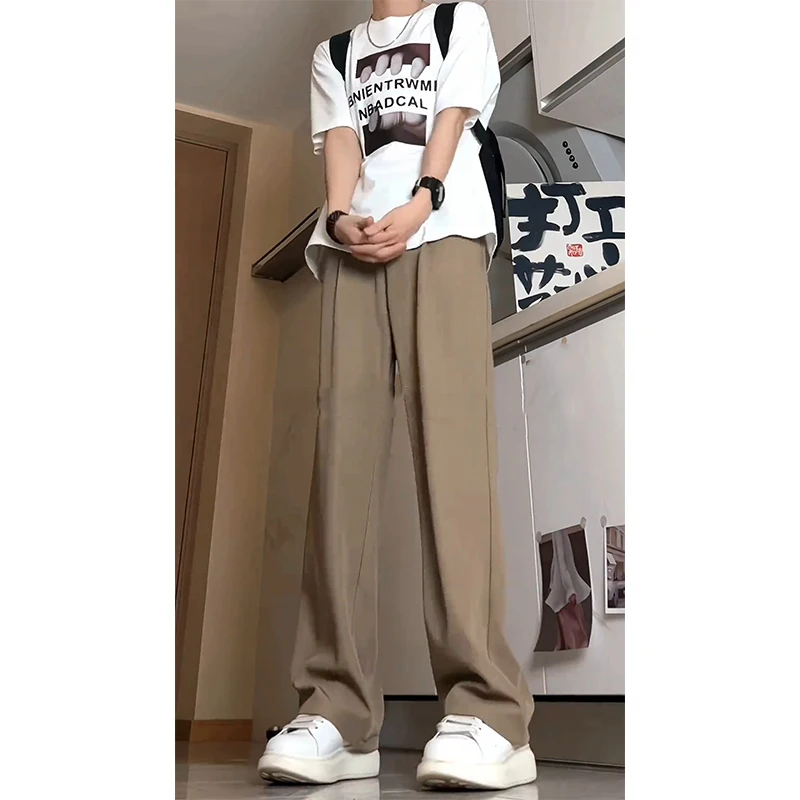 

Khaki Ice Silk Men's Summer Thin High-End Drapey Straight Leg American Sle Waist High Waist Straight Tube Suit Pants
