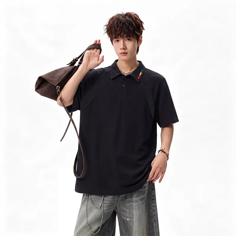 Summer Men's Mamba Cotton American Cut-Edge Patchwork Ribbed Short-Sleeve T-Shirt Polo