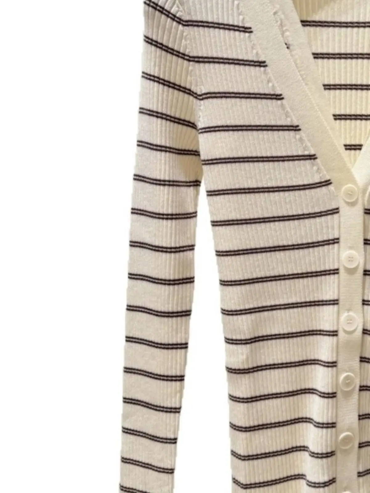 Spring/Summer Women V-Neck Long Sleeve Contrast Striped Knit Cardigan Single Breasted Elegant Casual Knitwear Top