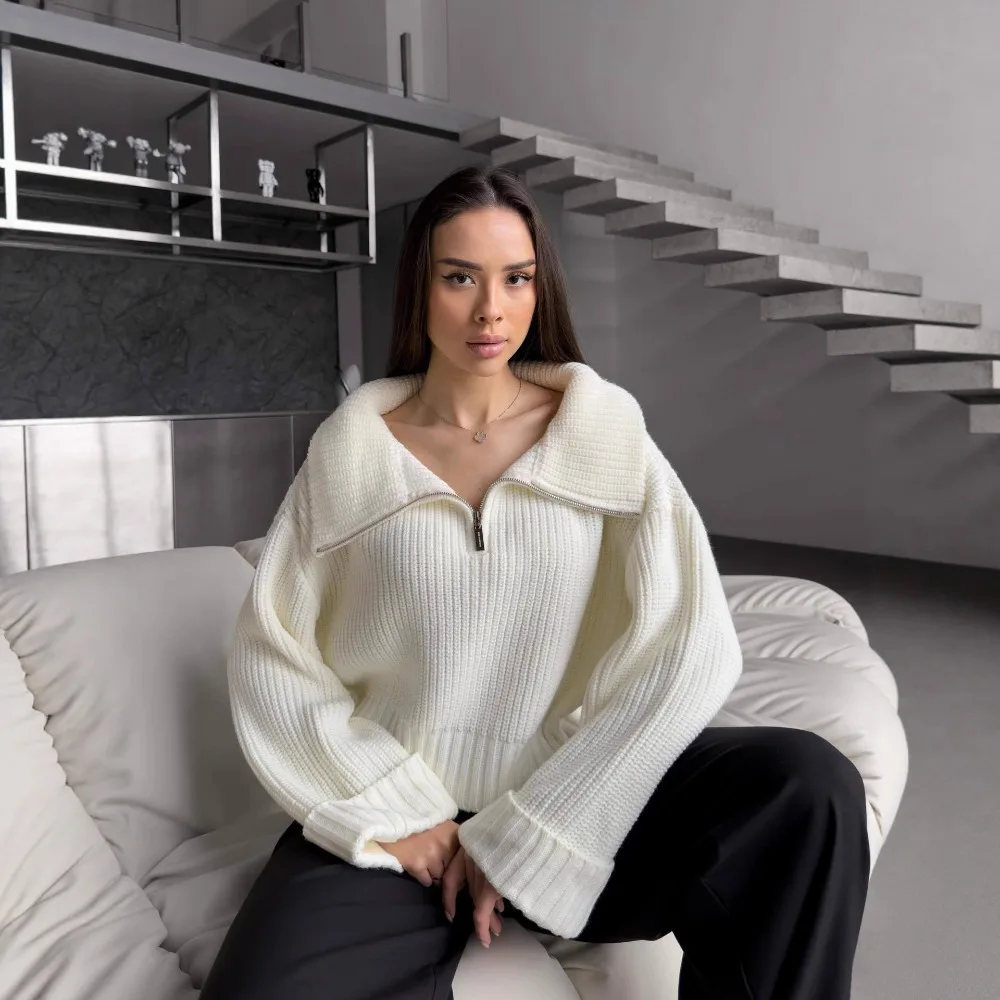 

Design Inspired Half Zipper Knitted Sweater Autumn and Winter Women Elegant Solid Loose Soft Warm Sweet Casual Outerwear Sweater