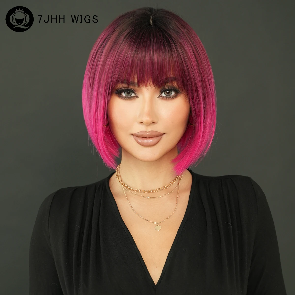 7JHH WIGS 짧은 스트레이트 금발 밥 가발, 깔끔한 앞머리, 고밀도 합성 블랙 옴브레 레드 퍼플 헤어, 여성 파티 가발