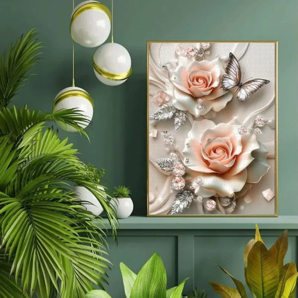 1000 قطعة من أحجية الورد ثلاثية الأبعاد مع فراشات فضية وبتلات وردية، الماس مزينة بحرفية رائعة للإغاثة إلى C #3