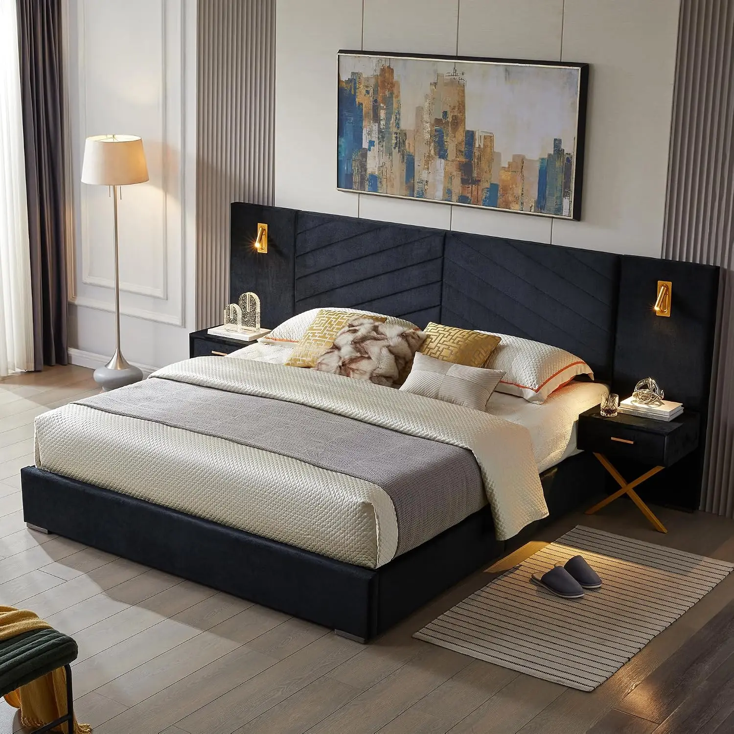 Queen Bed Frame Velvet Upholstered Headboard Wall Sconces Nightstands Metal Wood Squeak-Free No Box Spring Black, Customized