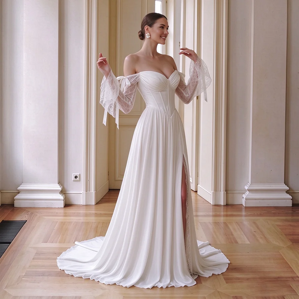 Long Fit and Flare Sleeve A Line Chiffon Boho Wedding Dress High Slit Lace Sweetheart Cupped Corset Ivory Drop Waist Bridal Gown