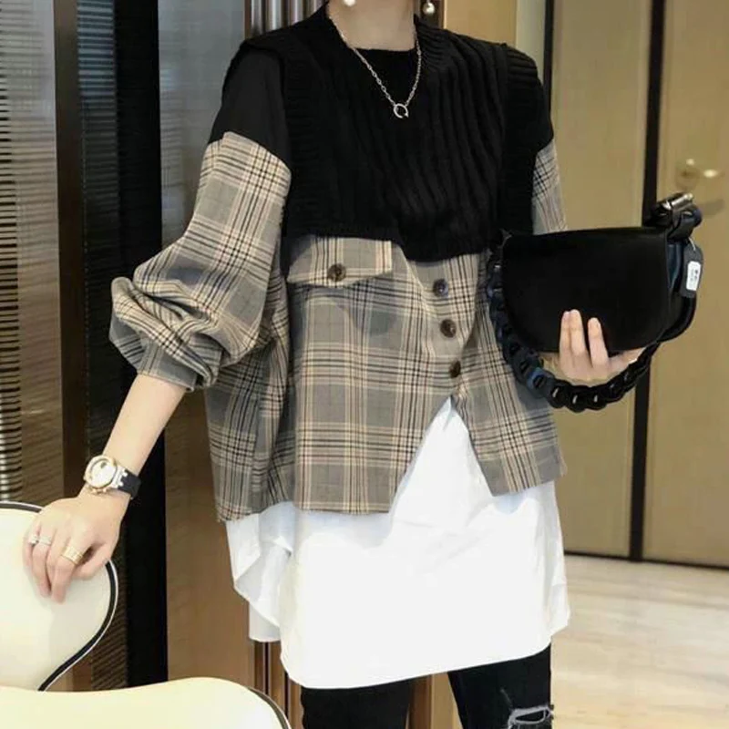 Women Korean Fashion Plaid Patchwork Oversized Asymmetrical Blouses Y2K Female Casual Streetwear Long Sleeve Fake Two Piece Tops