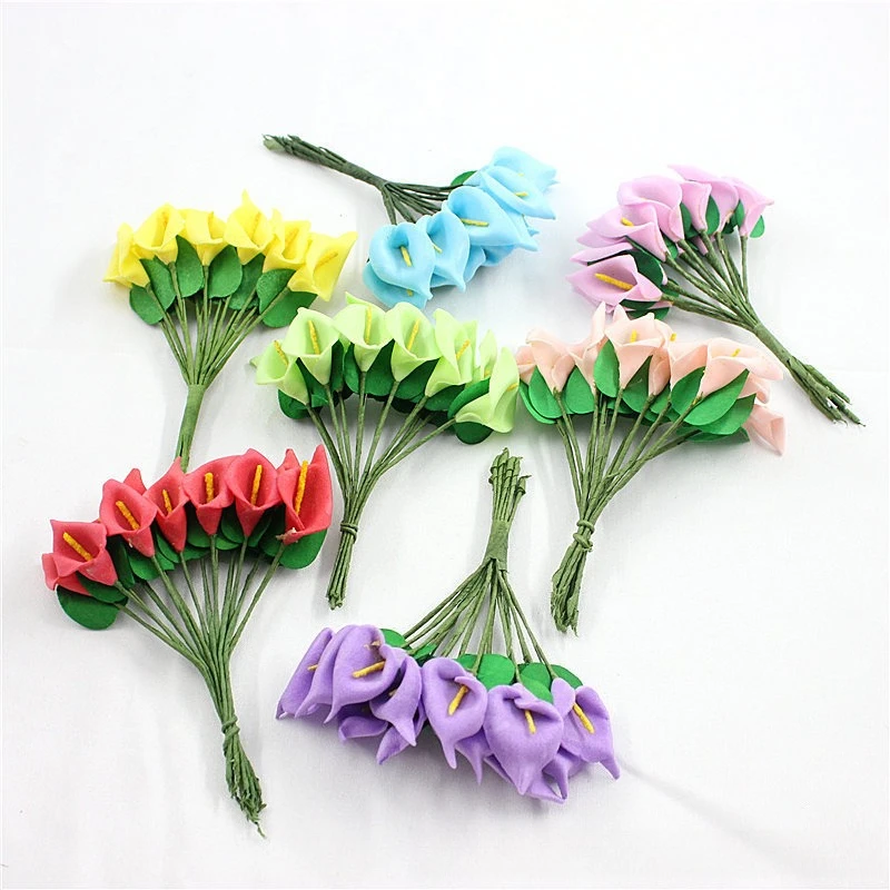 120 Stück Künstliche Blumen Calla-Lilien mit Blättern Schaumstoffblumen DIY Hochzeit Party Süßigkeitenboxen Deko Calla-Bouquet Wohnaccessoires – Detail 1