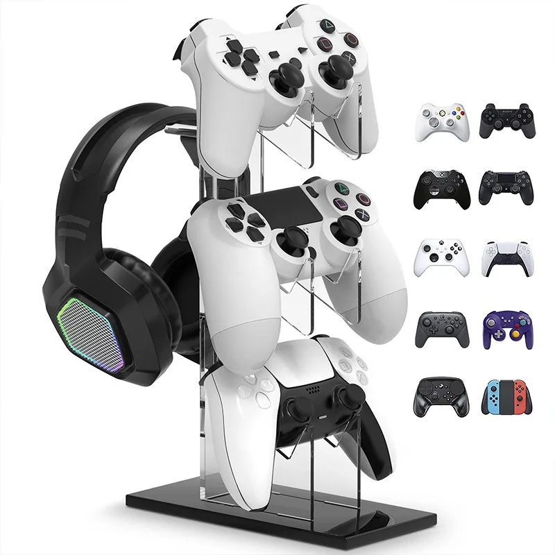 Crystal Universal 3 Tiers Controller Stand and Headset Holder Game Accessories Storage Bracket for PS5 PS4 Xbox PC Controller