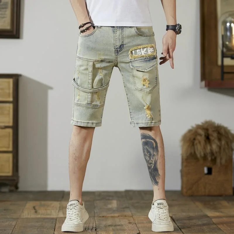 

Summer New Fashion Trend American Retro Perforated Straight Leg Denim Shorts Men's Casual Loose Sports High-Quality Shorts