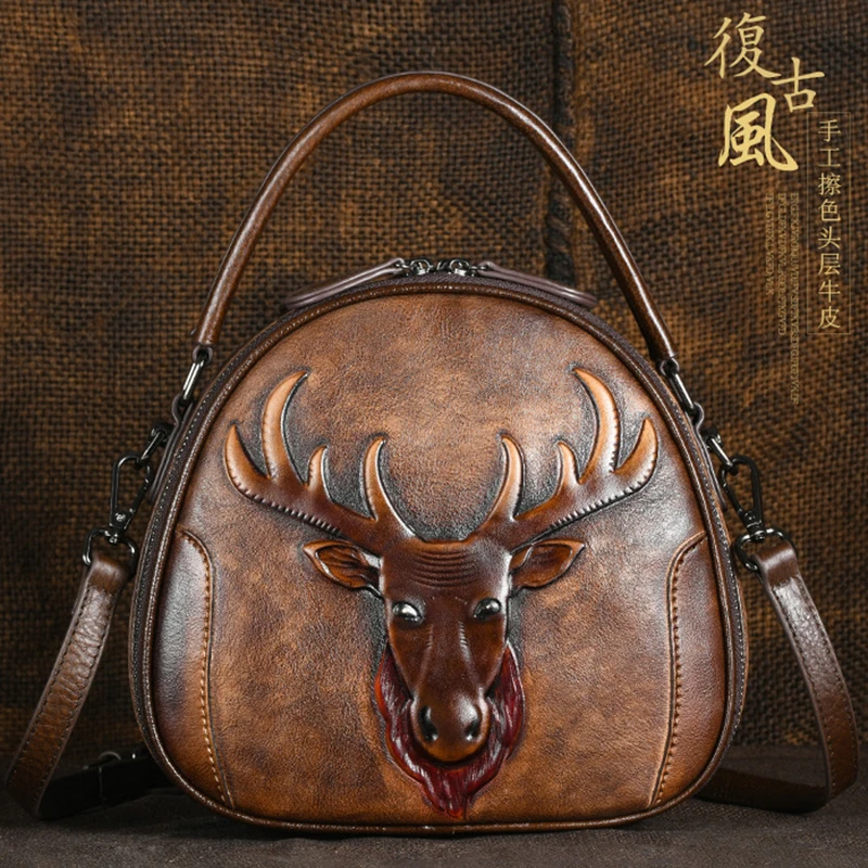 

Genuine Leather Women Shoulder Handbag Cross body Bag Deer Pattern Circular Retro Designer Female Top Handle Messenger Tote Bags