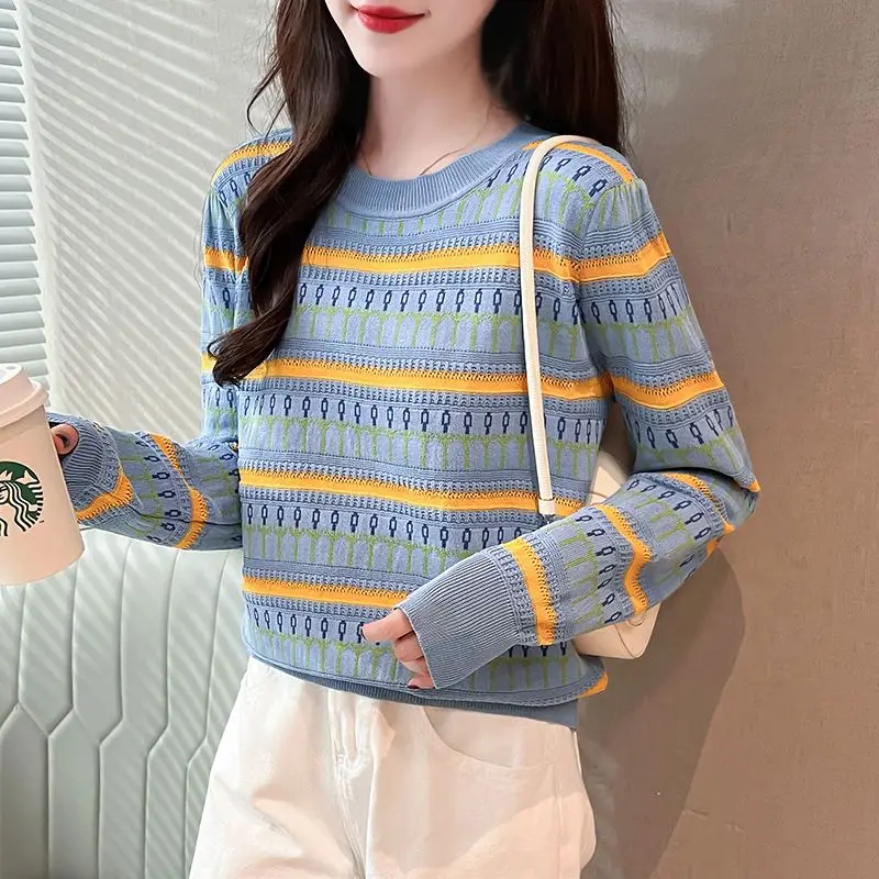 Geometric Striped Pullover Lantern Long Sleeve Round Neck Sweater Knitted Casual Elegant Autumn Winter Women\'s Clothing Tops