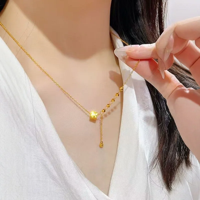 9999 gold style four-sided crushed ice square sugar fringed necklace for women, fashionable and versatile