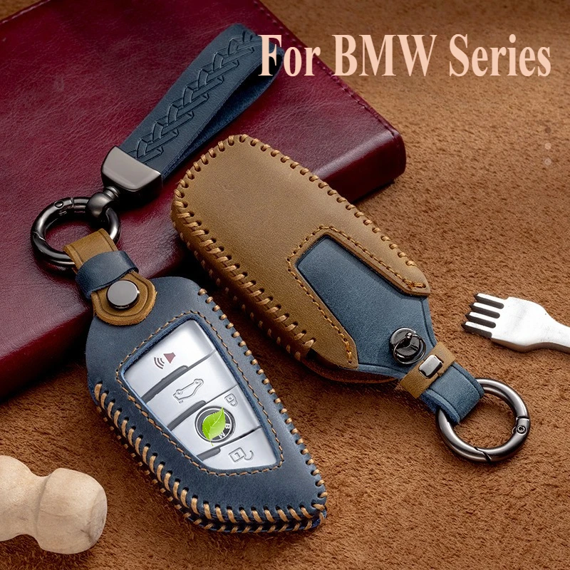 

Handmade Genuine Leather Car Fob Key Case Holder Cover Protector Shell Bag KeyChain For BMW 325li 530 X1 2 3 4 5 6 7