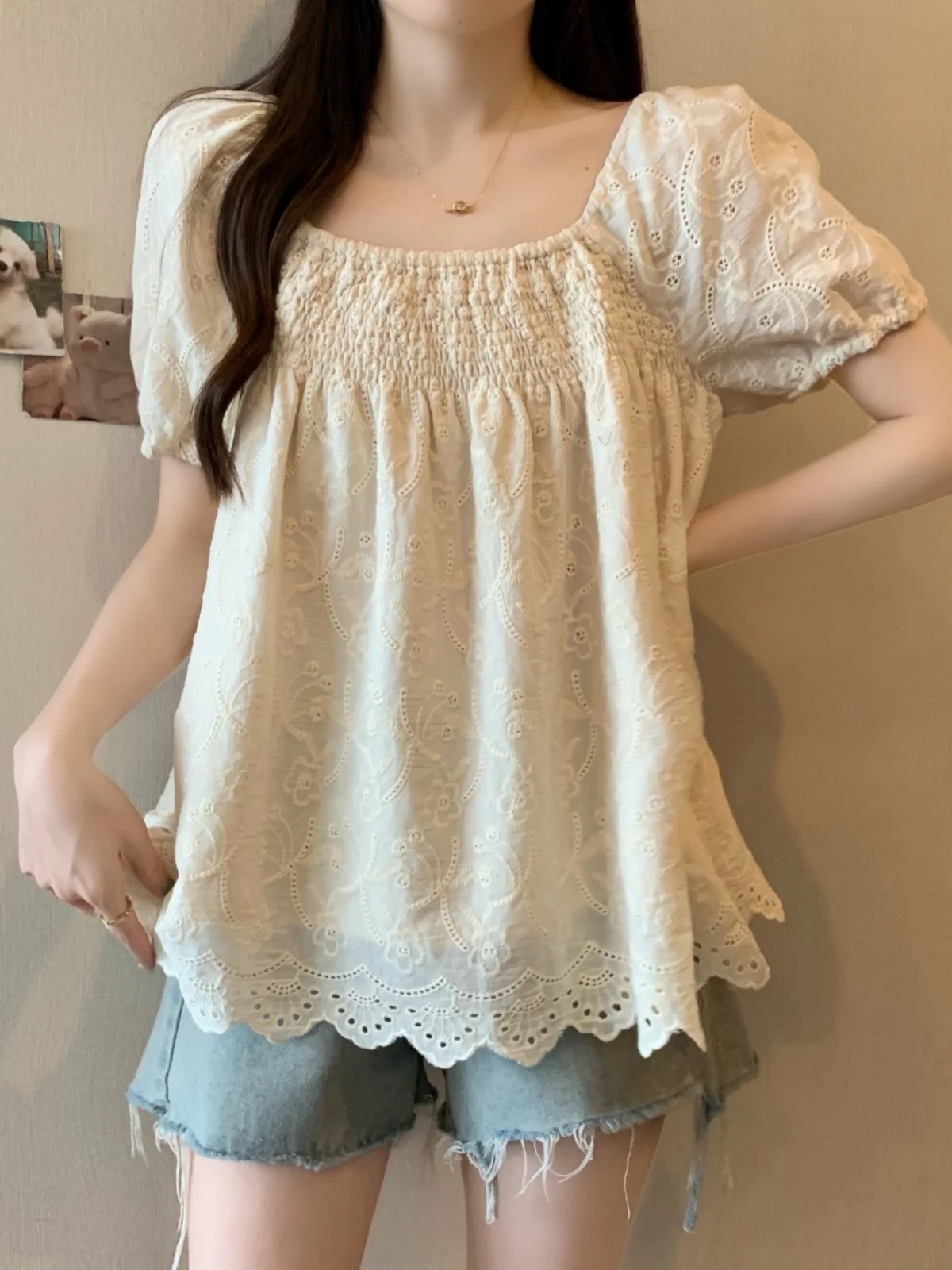 Lace Trim Short Sleeve Women's Shirt Summer plus Size Conceals Belly Doll Shirt Korean Style Bubble Sleeve Casual Top
