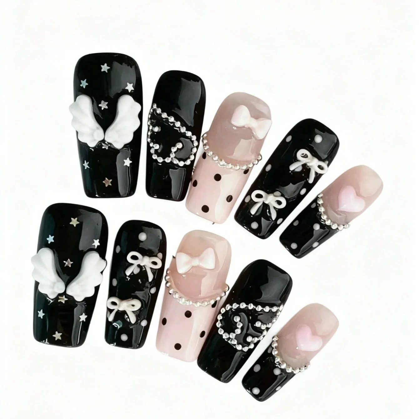 10 faux ongles en forme de cercueil pressés à la main, magnifiques faux ongles, à pois gothiques, doux et cool, adaptés aux femmes