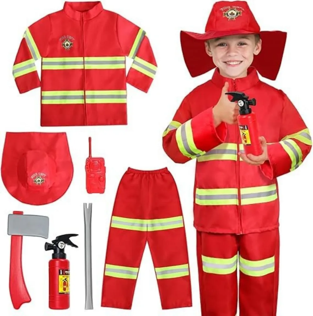 Kid's Fireman Firefighter Costume Toys for Boys and Girls Birthday Halloween Party Dress Up Red Black for Halloween Cosplay