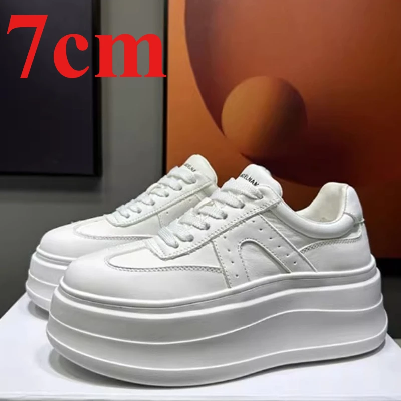 

Европейская/американская модная повседневная обувь для скейтбординга, женская обувь увеличенного размера 7 см из натуральной кожи, удобные легкие белые туфли