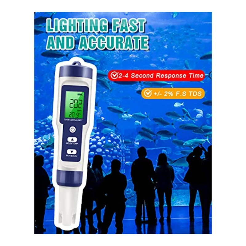 0-14 PH Meter 5 In 1 TDS/EC/SALT/TEMP/PH Meter For Drinking Water, Pool And Fish Tank