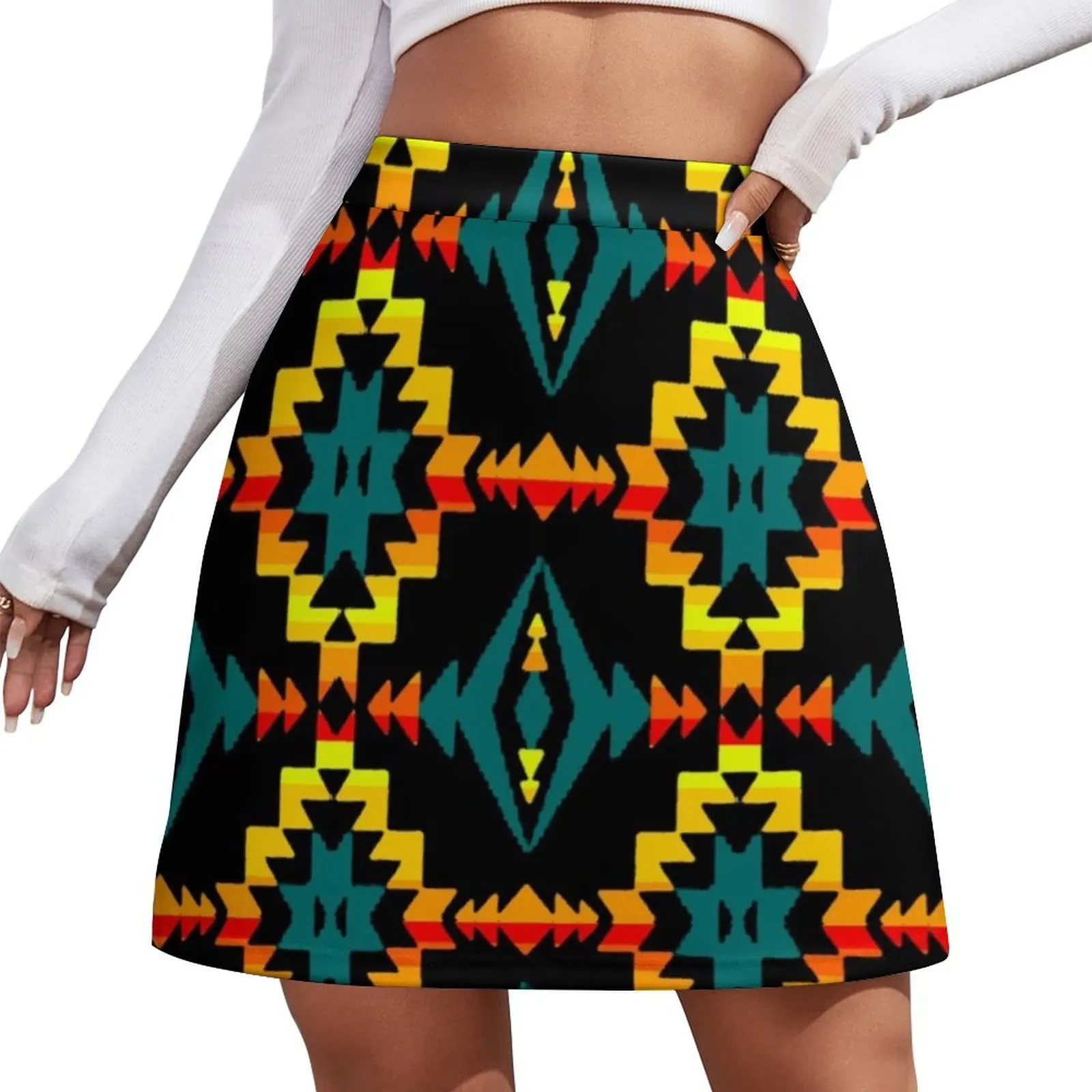 Teal / Geometric Native Print V1 Mini Skirt Clothing korean style clothes women 2025 skorts for women