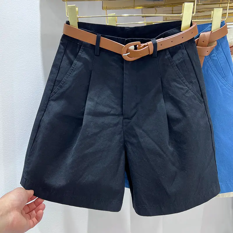 Women\'s Denim Shorts High Waist Short With Belt Blue Red Khaki Casual Cotton Solid Loose Casual Bermuda Summer Shorts For Women