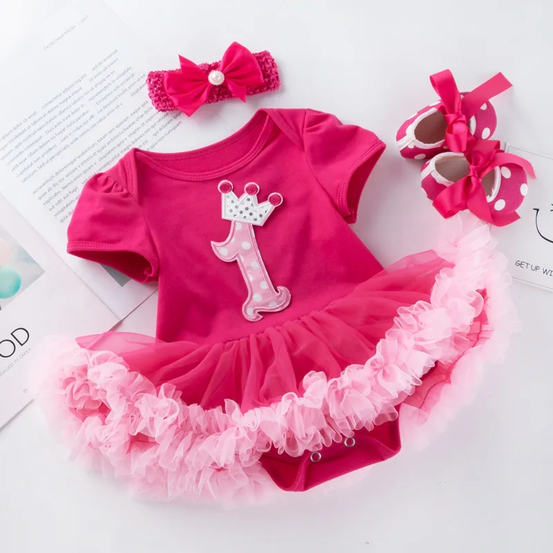 3Pcs Baby Girl Birthday Clothes Newborn One Year Princess Tutu Dress Suit 1st Birthday Party Clothes 2 Years Infant Romper Dress