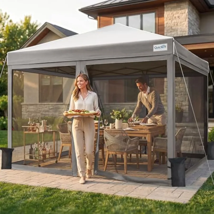 

10x10 Pop up Canopy Tent with Netting, Auto-Close Magnetic Doors, One Person Inst Setup Screen House Room Tent Screened Waterpr