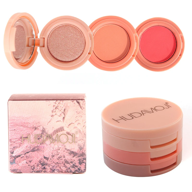 Kit Blush e Highlighter, Paleta Facial, Pó Pressionado Maquiagem, Bronzer Shimmer, Face Brilhante, Laranja, Rosa, 3 em 1