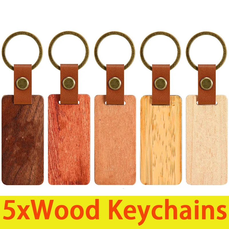 

5Pcs Blank Wooden Keychain Rectangular Wood Keyrings Walnut White Maple Rosewood Cherry Wood Bamboo Key Ring