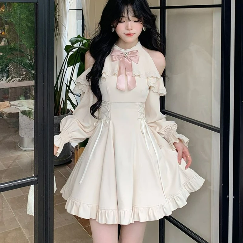 Japanese Sweet Style Rhinestone Bow Lolita Dress Women Kawaii Ruffles Off Shoulder Slim Bandage Dresses Y2k Party Mini Dresses