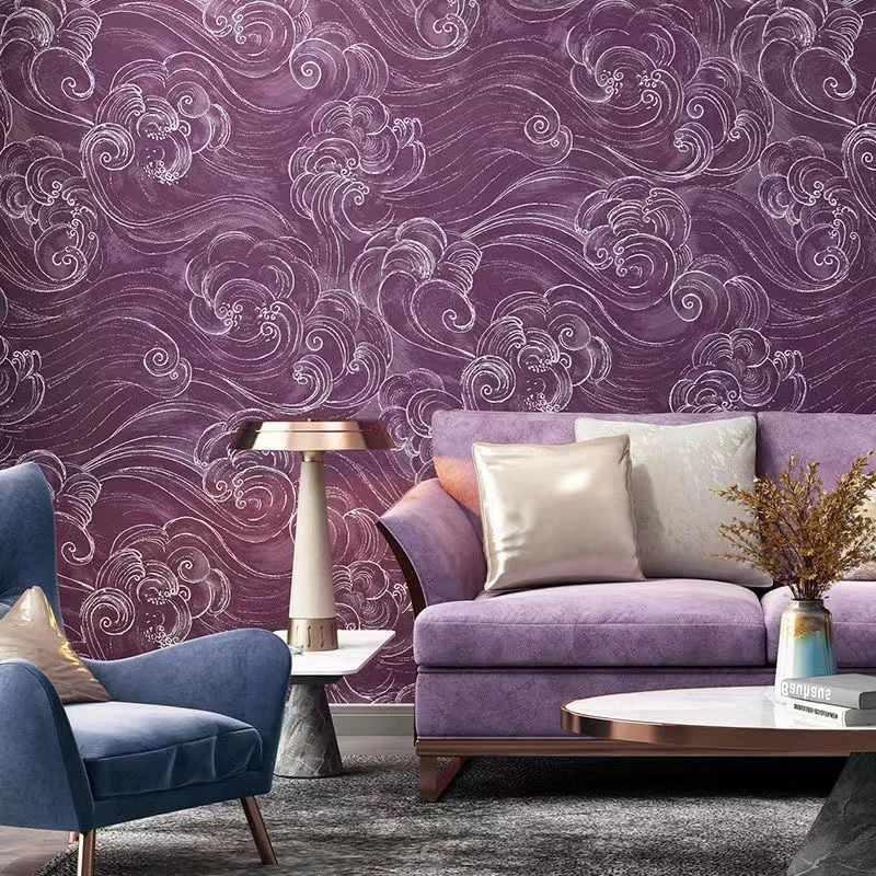 

Vintage Purple Japanese Sea Wave Wallpaper Chinese Classic Non-Woven Living Room Bedroom Background Wallpaper Hotel Resturant