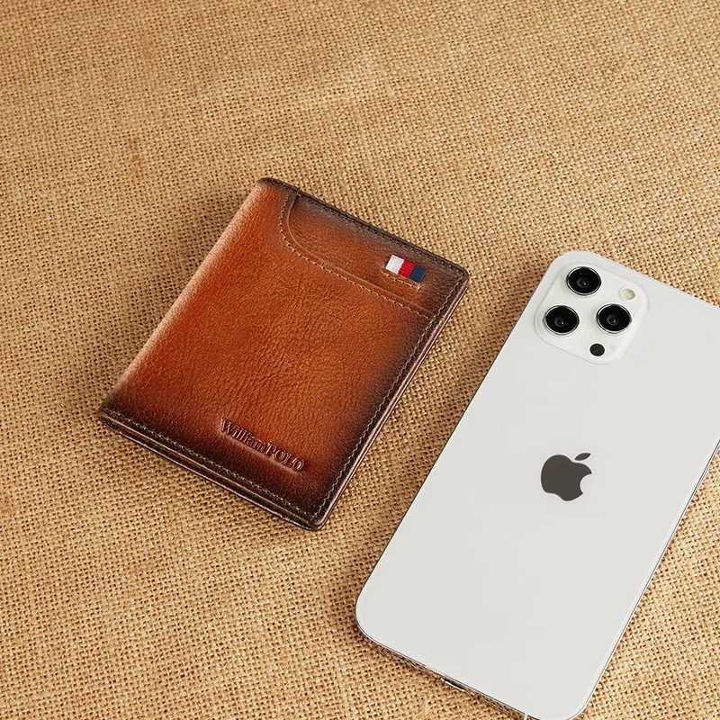 WILLIAMPOLO Leather Men's Card Holder Wallet Thin Retro Card Cover Mini Purse Short Ultra-thin Card Bag Wallet men Purse