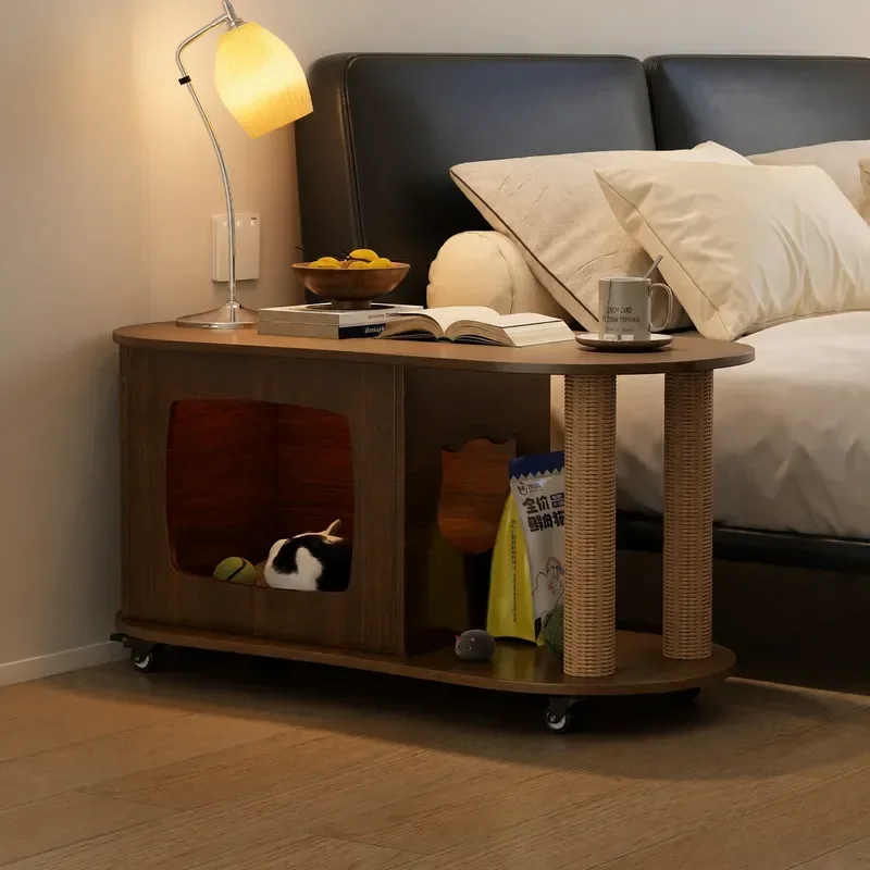 Medieval Style Coffee Table with Cat Climbing Frame Multi-functional Removable Side Cabinet for Small Apartments Pet Friendly