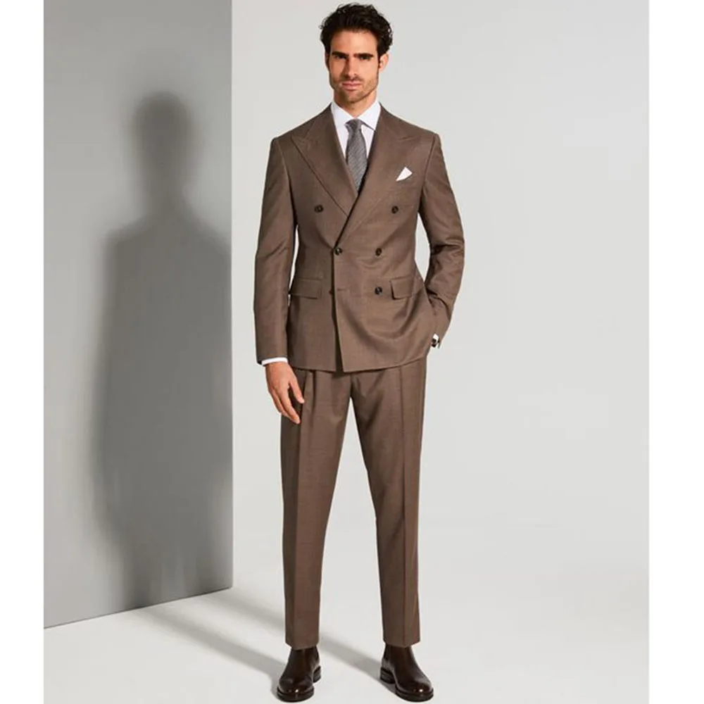 Elegant Brown Men's Suits Smart 2 Pieces Jacket Pants Double Breasted Male Clothing Slim Fit Office Banquet Costume Homme