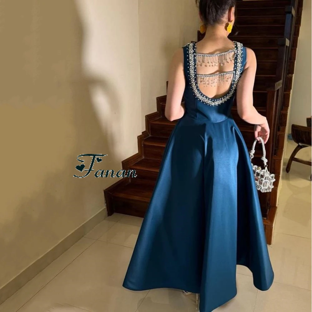 CUstomized Square Collar Crystal SLeeveless A-line Evening Dress low Split Sexy Backless Draped Ankle Length Paegant Gowns image 2
