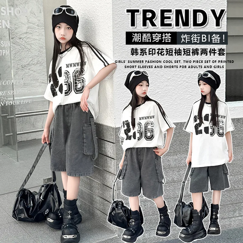 Summer Girls Short Sleeve Outfit Hot Sale Of The Season New Style Trendy Children Medium to Large Size Summer Shorts Two Piece