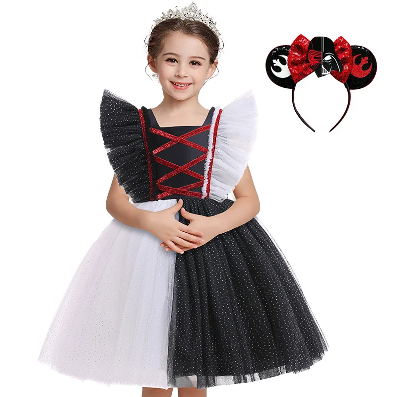 

Movie Evil Cruella Girls Costume Kids Cosplay Masquerade Black White TuTu Dress Headwear Halloween Carnival Party 2-10T