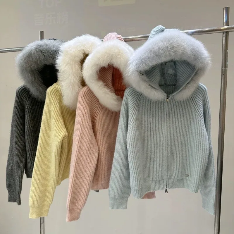 

2025 Autumn and Winter New Hooded Short Cardigan Wool Hat Collar Knitted Cardigan Women's Loose and Thin Sweater Jacket