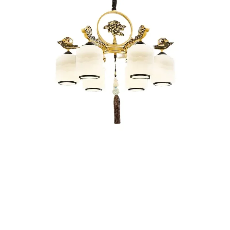 New Chinese Style Zinc Alloy Jade Ceiling Fan Light Retro Zen Chandelier for Living Room Hotel Villa