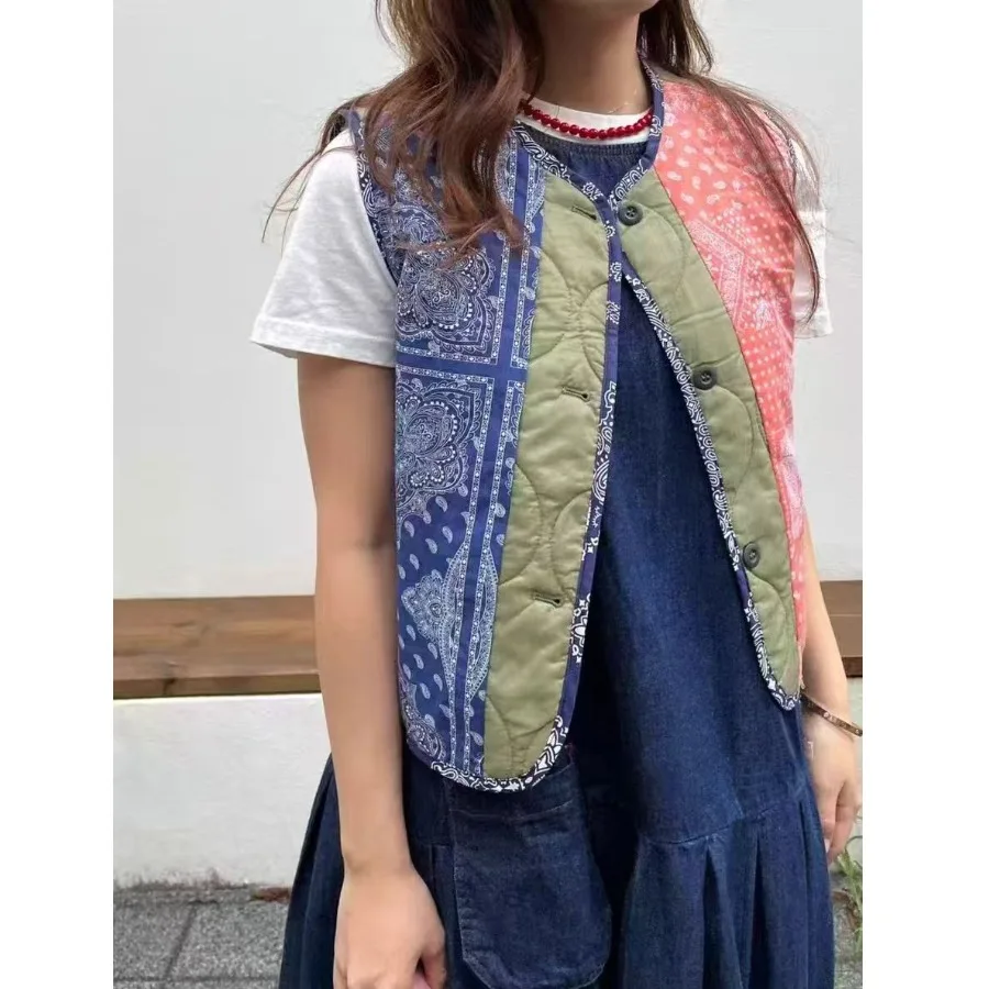 Korean Japanese Cross Border 2026 round Neck Single Button Color Block Floral Cotton Vest Elegant  Top Women's Fashion