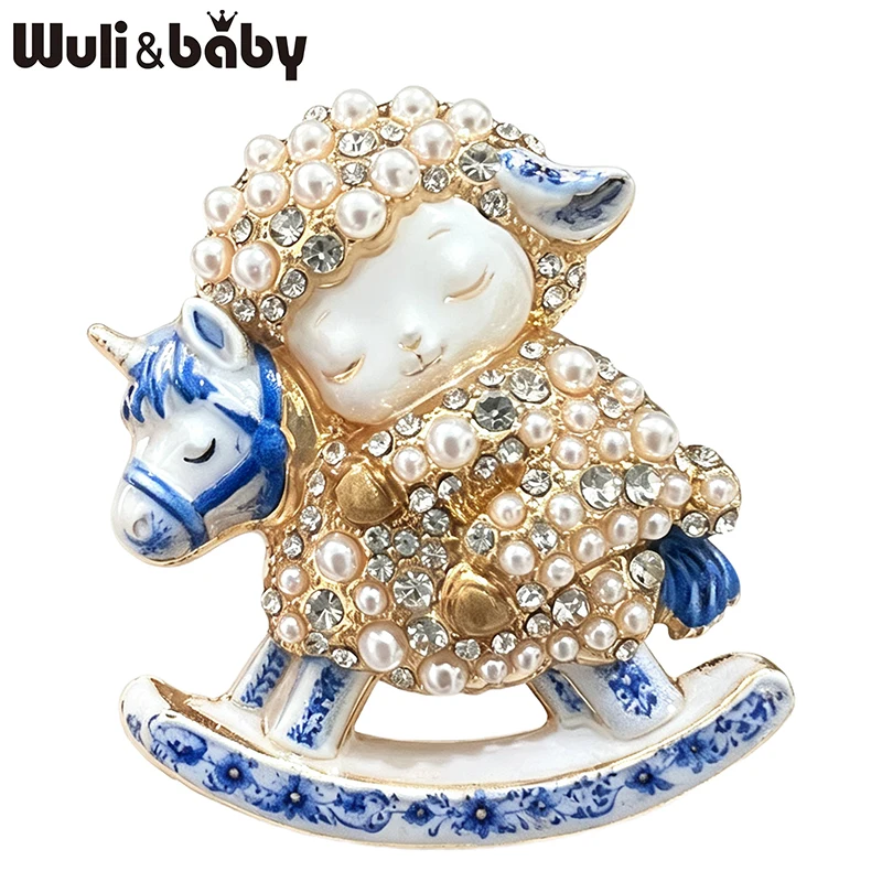 Wuli&baby Lovely Rocking Horse Sheep Brooches Women Blue and White Porcelain Pearl Lamb Animal Party Brooch Pin New Year Gifts