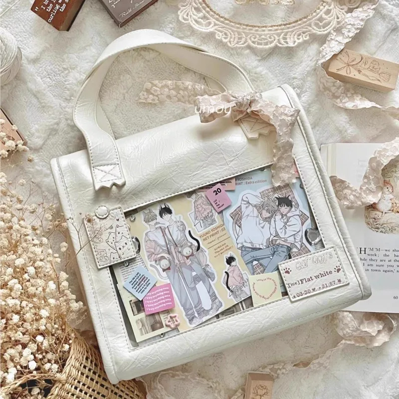 

JIAERDI японская милая милая сумка с бантом женская прозрачная квадратная сумка на плечо большой вместимости для девочек Harajuku аниме Ita сумка 2025