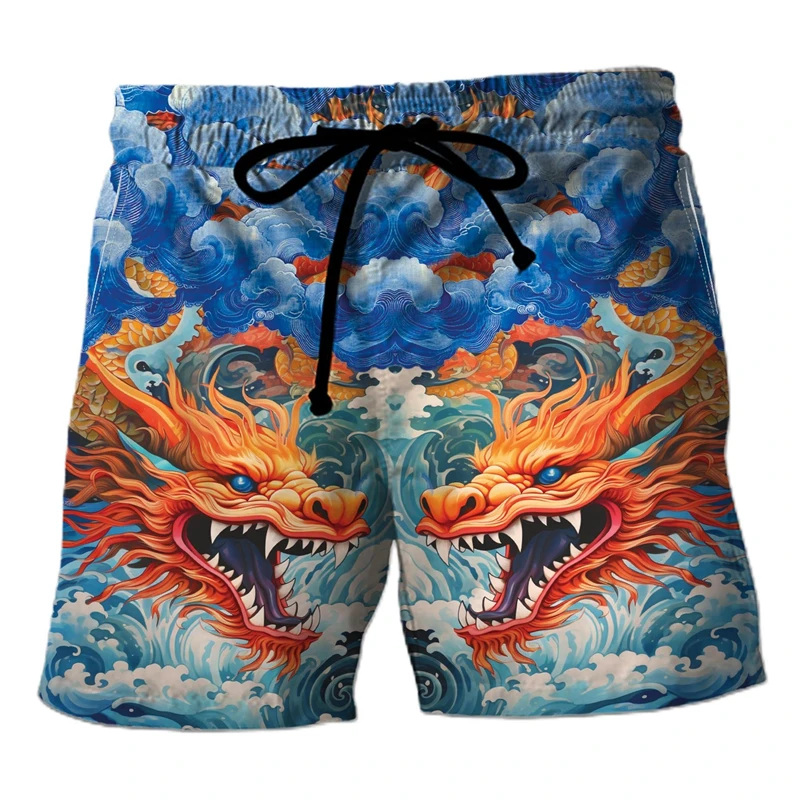 Summer Fashion 3D Dragon-patterned Beach Shorts in Hawaiian Style, Hip-hop Trend Street Style Y2K Style Men's Shorts
